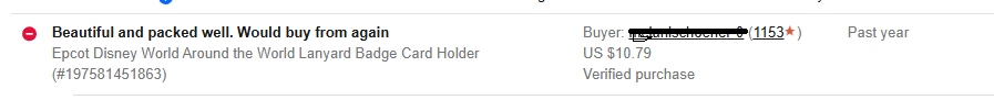 eBay feedback showing negative rating with comment 'Beautiful and packed well. Would buy from again'