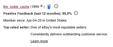 The Noble Cache eBay feedback profile showing 99.9% positive feedback and Top Rated Seller status