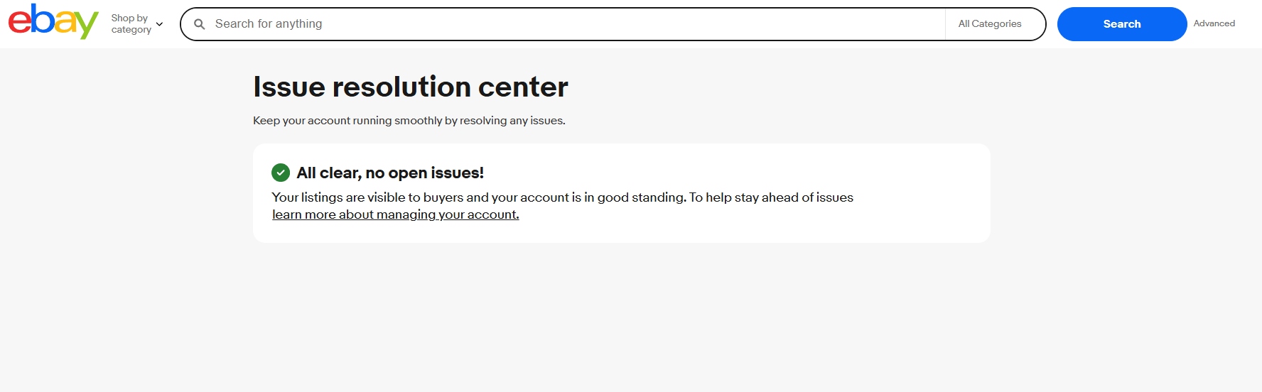 eBay Issue Resolution Center showing 'All clear, no open issues' with a green check mark
