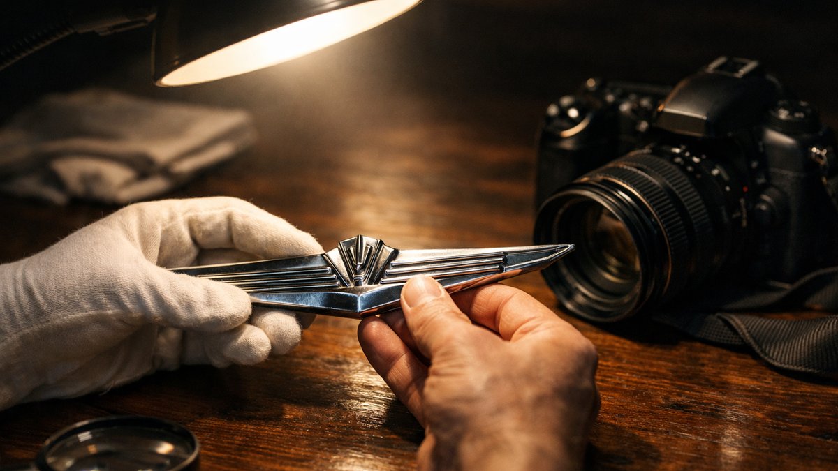 Hands inspecting a vintage chrome automotive emblem under a desk lamp with a camera nearby