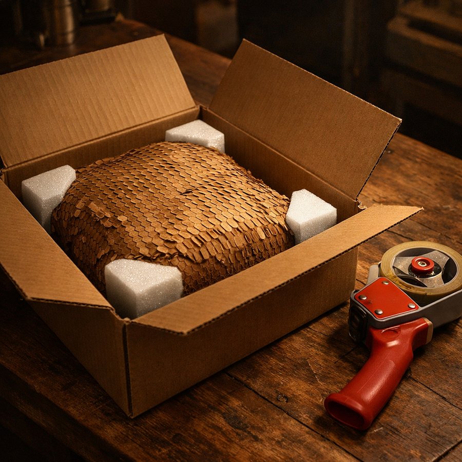 An item wrapped in honeycomb kraft paper inside a cardboard box, ready to ship